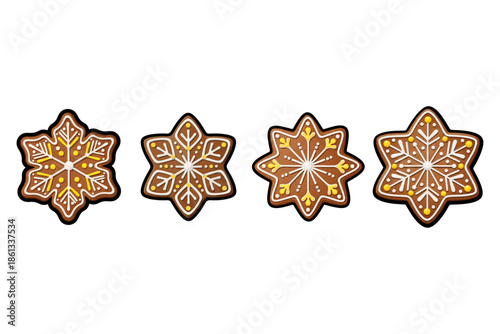 Four festive gingerbread cookies, intricately decorated with delicate white icing snowflakes and stars, perfect for winter holiday celebrations and sweet seasonal charm