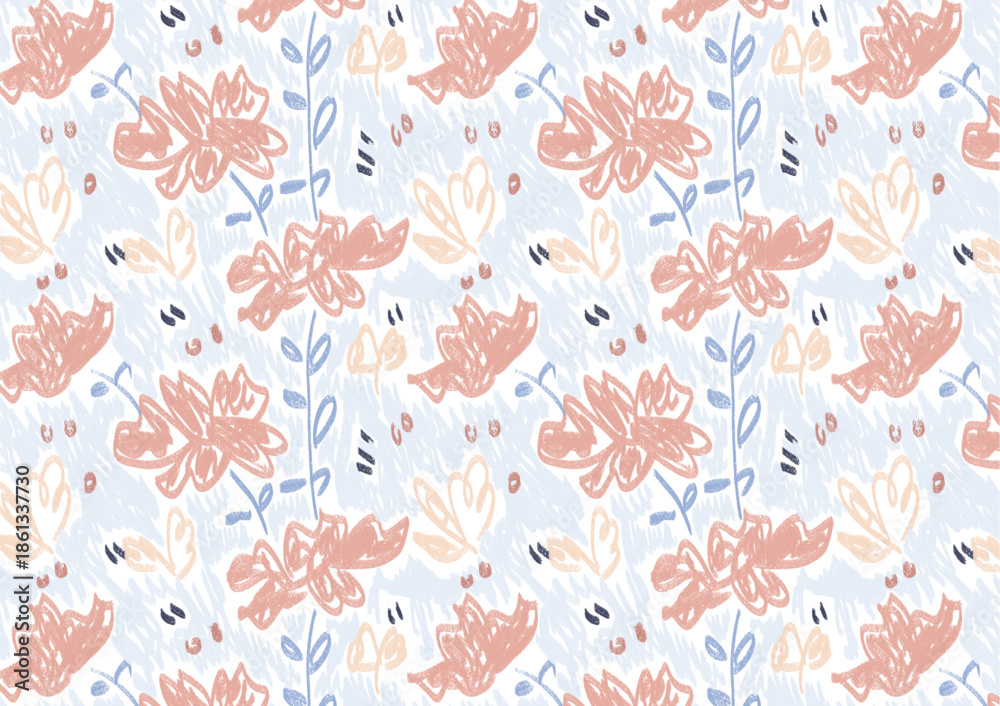 Fototapeta premium Abstract Pastel Floral Seamless Pattern, Hand-Drawn Botanical Repeat Design for Wrapping Paper, Fabric Prints, Scrapbooking, and Branding