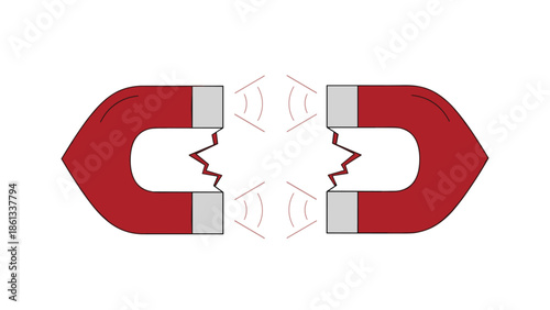 Broken red horseshoe magnets with magnetic field lines, Generative AI.