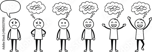 A black and white vector illustration showing a range of stick figure emotions and expressions, from sadness and neutral to extreme joy and excitement, including thought bubbles