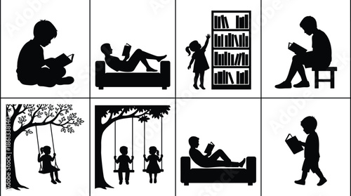 Set of children reading books and playing on swings silhouettes, representing early childhood education, literacy, school learning, and outdoor recreation. (Exactly 20 words)