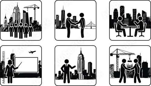 Business teamwork city illustration icons set isolated on white background, corporate collaboration negotiation construction presentation leadership urban skyline concepts