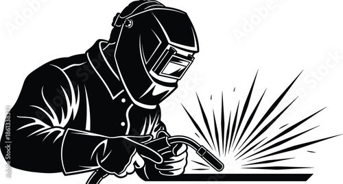 Black and white silhouette of a professional welder working, wearing a mask and protective gear, symbolizing industry, fabrication, skilled labor, and metalwork.