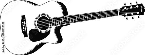 Detailed black and white acoustic guitar vector illustration, featuring strings and a cutaway body, representing music, performance, rhythm, and sound entertainment.