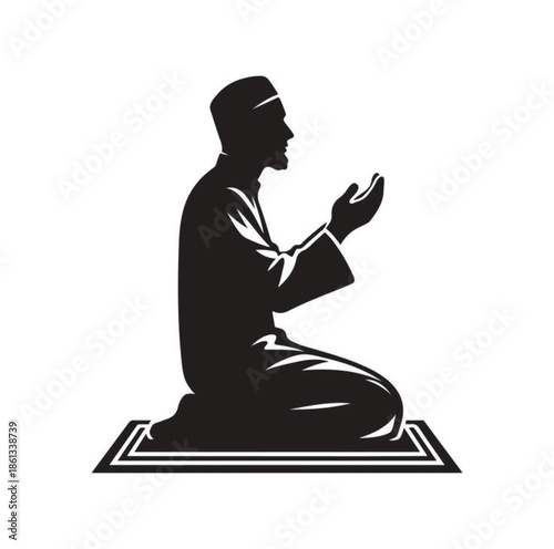 Vector illustration of a black silhouette of a person or business woman meditating in a lotus position and praying
