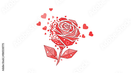 Vibrant red geometric rose with hearts on white background, Generative AI.