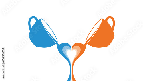 Two cups forming heart shape with liquid pouring together in harmony, Generative AI.