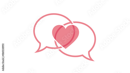 Pink heart symbol in overlapping speech bubbles on white background, Generative AI.