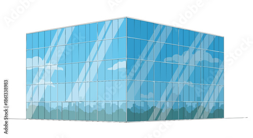 Sleek modern glass building exterior with reflective panels showcasing urban reflections and sky. A contemporary architectural design illustration.