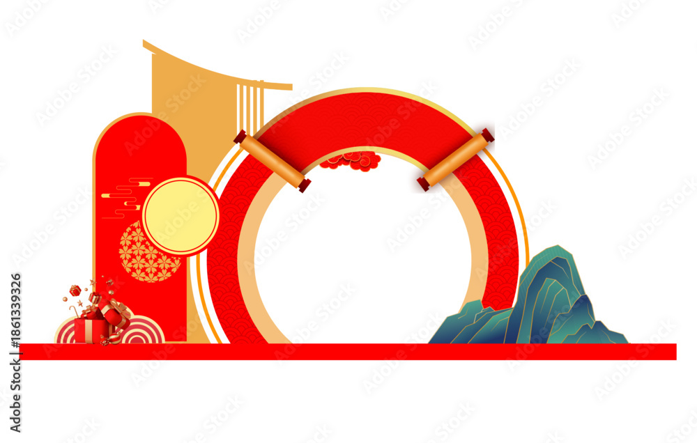 Obraz premium A stunning Chinese New Year background featuring a bold red archway and majestic mountain landscape, evoking feelings of joy and prosperity.