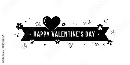 Graphic design of a Happy Valentine's Day banner with a heart and flowers on a white background with black illustrations and text.
