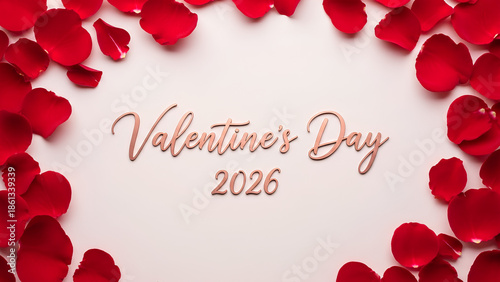 Happy valentines day 2026 text framed with red rose petals on white background. Romantic floral border greeting card design. Love holiday celebration banner with fresh flower leaves