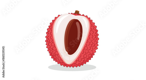 Exotic lychee fruit expertly sliced in half showcasing its juicy translucent aril and prominent dark brown seed against a pristine white backdrop