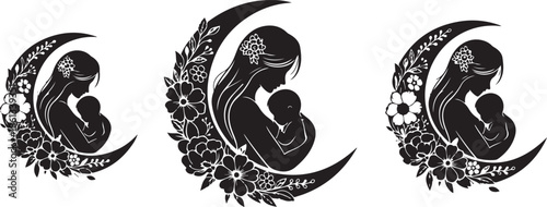 A mother holding her baby in a crescent moon surrounded by flowers .set of vector icons of earth