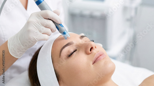 Professional Hydrafacial skin treatment for a young woman in a medical spa. Cosmetologist performing vacuum hydro peeling procedure for deep cleansing and facial rejuvenation.