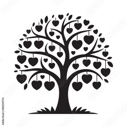 Black and White Love Tree Illustration with Heart-Shaped Leaves - Family and Romance Concept