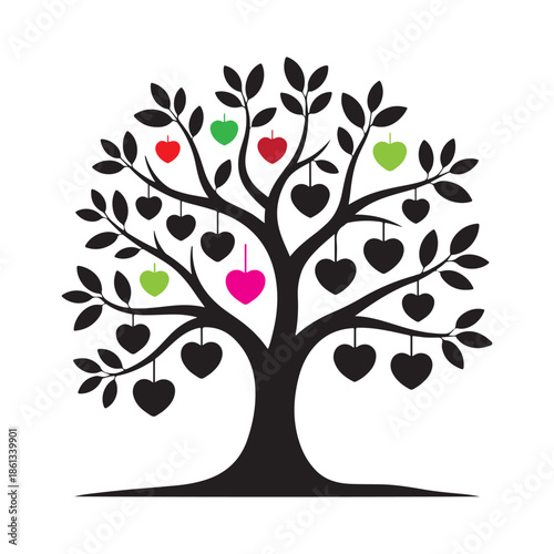 Colorful Family Tree with Hanging Multi-Colored Hearts - Diversity and Love Concept