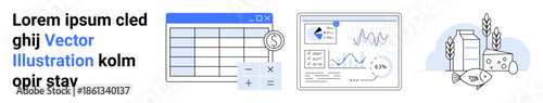 Data analysis, business management, agricultural economy, financial statistics, food production, and market research. A table, analytics dashboard and food elements. Data analysis and business