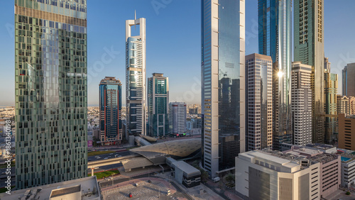 Skyline view of the buildings of Sheikh Zayed Road and DIFC day to night time...