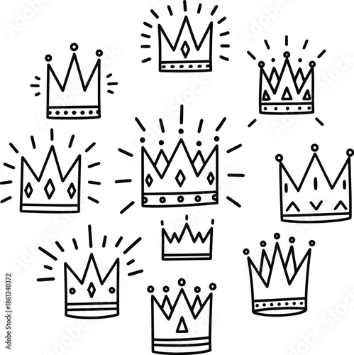 A collection of nine royal crowns with radiant lines