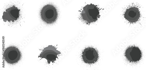 Set of black ink splatter vector icons with paint spray drops and textured grunge circular blots