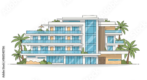 A captivating hand-drawn illustration depicting a modern multi-story residential building with luxurious glass balconies and tropical palm trees