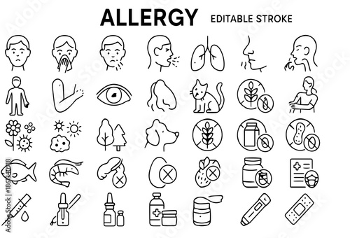 Foto Allergy Line Icons Set – Food Allergy, Symptoms, Medical Care and Treatment Symb