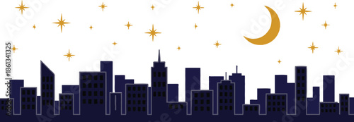 Night city skyline silhouette with golden crescent moon and shining stars over dark urban buildings skyscrapers for peaceful midnight town view and architecture.