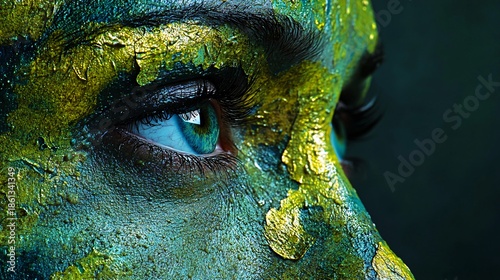 An artistic interpretation of skin condition. Skin texture and eye details are visible. The skin has a cracked, raised appearance with varying shades of blue, green and gold paint application