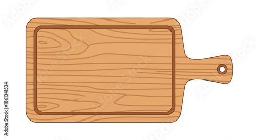 A versatile wooden cutting board displaying natural wood grain textures, an integrated handle, and a hanging hole. Essential for kitchen food