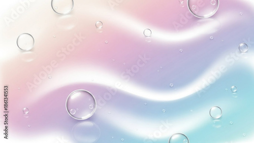 A colorful abstract background with wavy lines and bubbles in pastel shades of pink, blue, and purple hues