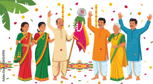 Happy indian family celebrating gudi padwa festival holding decorated flag and waving hands with joy for traditional maharashtrian new year cultural holiday event.
