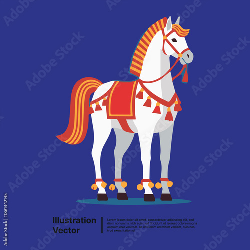 A stylized illustration of a decorated white horse adorned with a red saddle blanket and ceremonial tassels, standing against a solid blue background