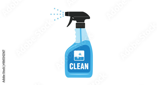 Vibrant blue cleaning spray bottle with active nozzle dispersion represents essential household hygiene tasks and pristine surface care solutions