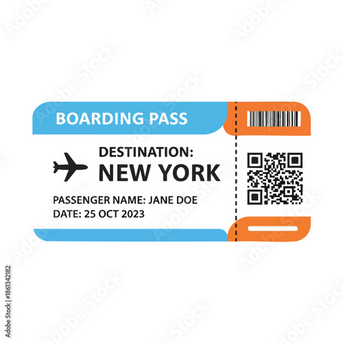 A rectangular ticket design with text for "Boarding Pass" and traveler information