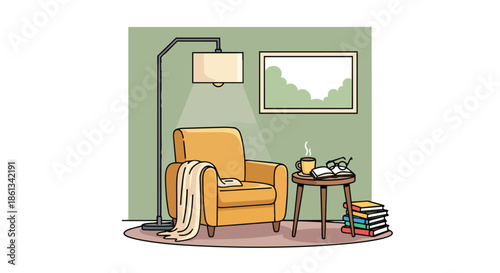 A cozy, inviting reading nook with warm lighting, perfect for literary escapes and quiet contemplation.