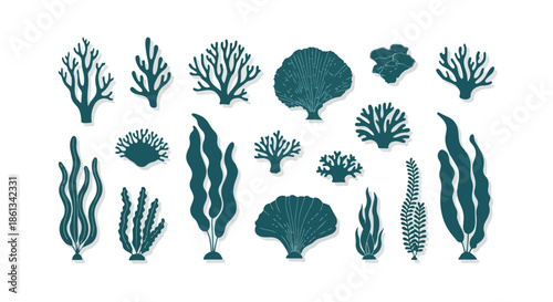 Diverse underwater plant collection featuring stylized coral and various seaweed forms creating a serene aquatic theme