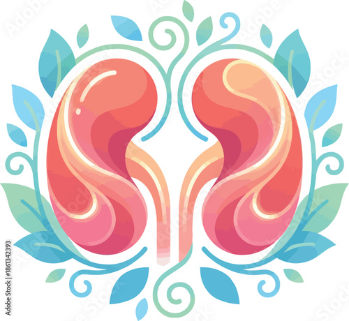 Stylized anatomical human kidneys with floral decoration leaves and vines representing natural renal health care and holistic urology medicine treatment for wellness.