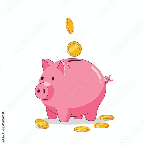 Cartoon pink piggy bank with coins falling in and some already on the floor