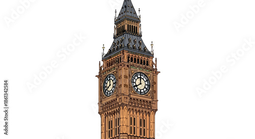A magnificent illustration of a towering historical clock structure, showcasing intricate gothic architecture, prominent clock faces, and a majestic