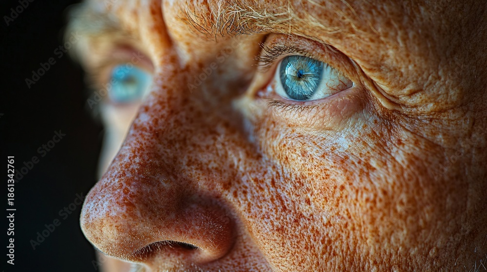 Fototapeta premium A close-up shot showcases a face affected by skin cancer, highlighting the irregular patterns and textures of the skin. It emphasizes the importance of awareness about dermatological health issues.