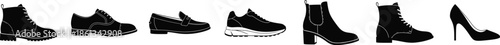 Vector illustration features seven different shoe styles in black silhouette against a stark white background