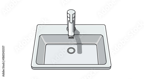Clean modern line drawing of a white rectangular kitchen or bathroom sink with a contemporary single-lever faucet design against a clear background
