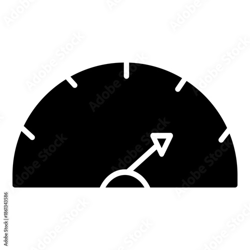 bold black speedometer icon with a white arrow pointing toward high speed. It represents peak performance, rapid processing, and data optimization.