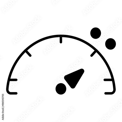 Minimalist solid art gauge icon with a needle and scale markers, symbolizing performance tracking, data measurement, and technical monitoring in a clean outline style.