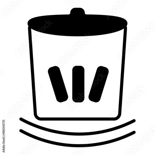 line trash can icon with decorative vertical stripes and a lid, representing waste management, recycling, and environmental cleanliness.