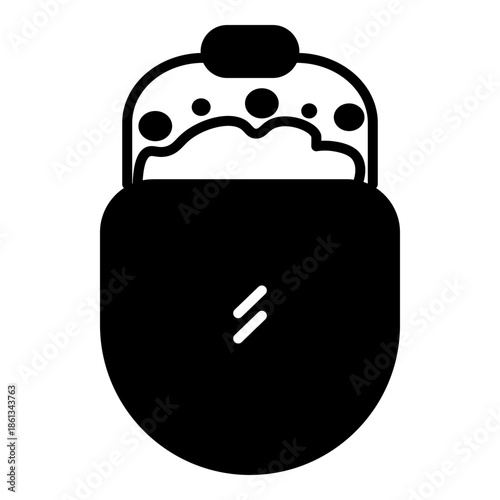 Minimalist solid art icon of a bucket with soap suds and bubbles, symbolizing domestic chores, cleaning supplies, and sanitation management.