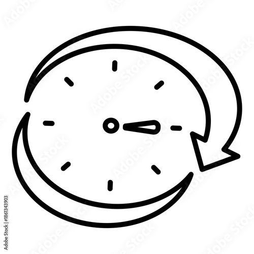 Minimalist line art icon of a clock with dual circular arrows, symbolizing time flow, recurring schedules, and synchronization of system processes.