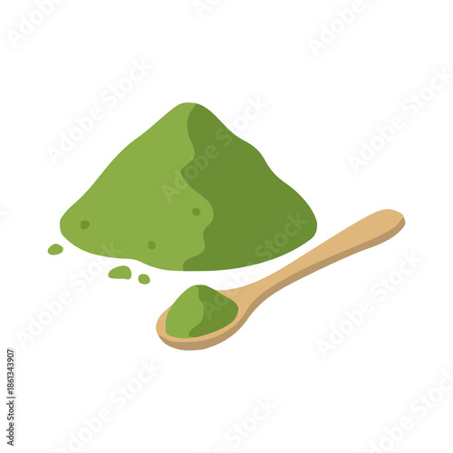 Organic matcha green tea powder with wooden bamboo spoon for healthy beverage and culinary ingredient design