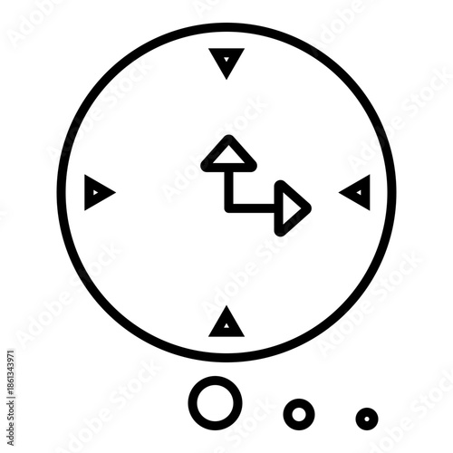 Minimalist line art clock icon with triangular compass-style markers, symbolizing accurate timekeeping, strategic planning, and professional scheduling.